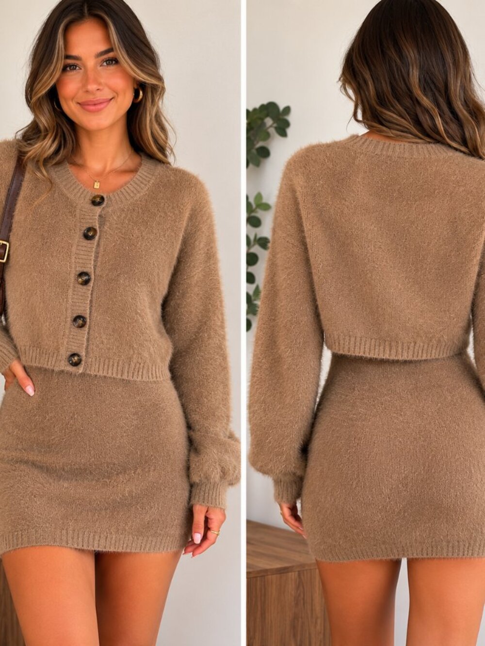 Skylar + Madison Fuzzy Knit 2-Piece Skirt Set Taupe Co-Ord Acadamia